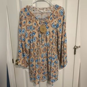 HONEY PUNCH Grommet Lace Up Wide Sleeved Floral Tunic Dress Medium NWT